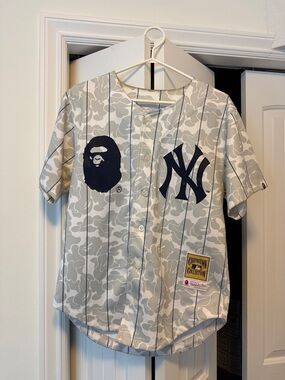 Bape New York Yankees Gray White Camo Pinstripe Jersey